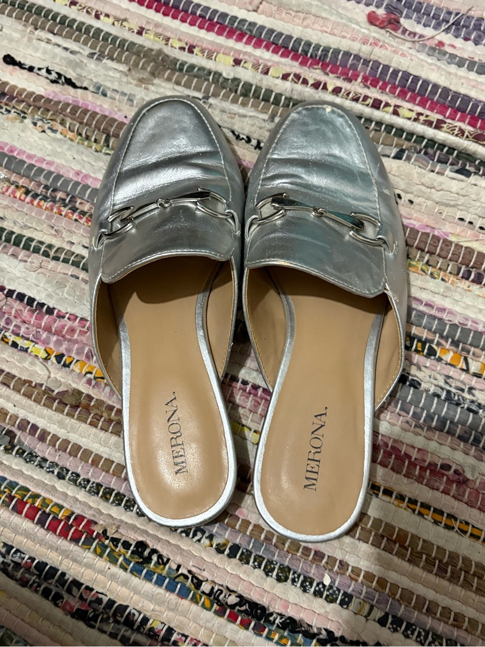Merona Metallic Silver Slip-On Mules with Bit Detail